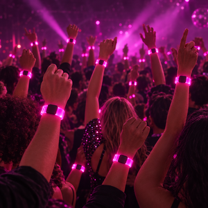 Dance floor of raised wrists with bracelets glowing together