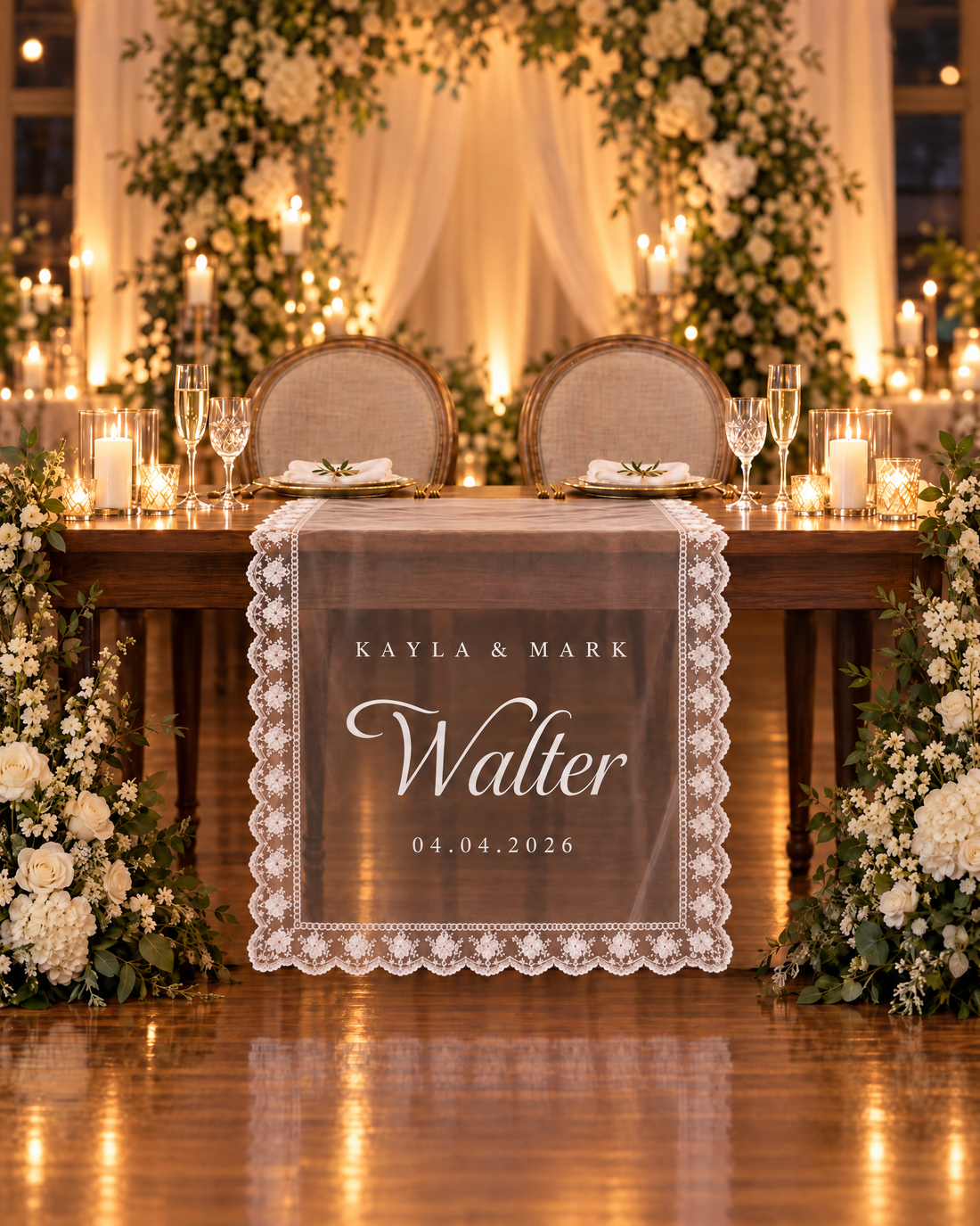 Sheer lace sweetheart table sign draped over a table for two at a candlelit indoor wedding reception