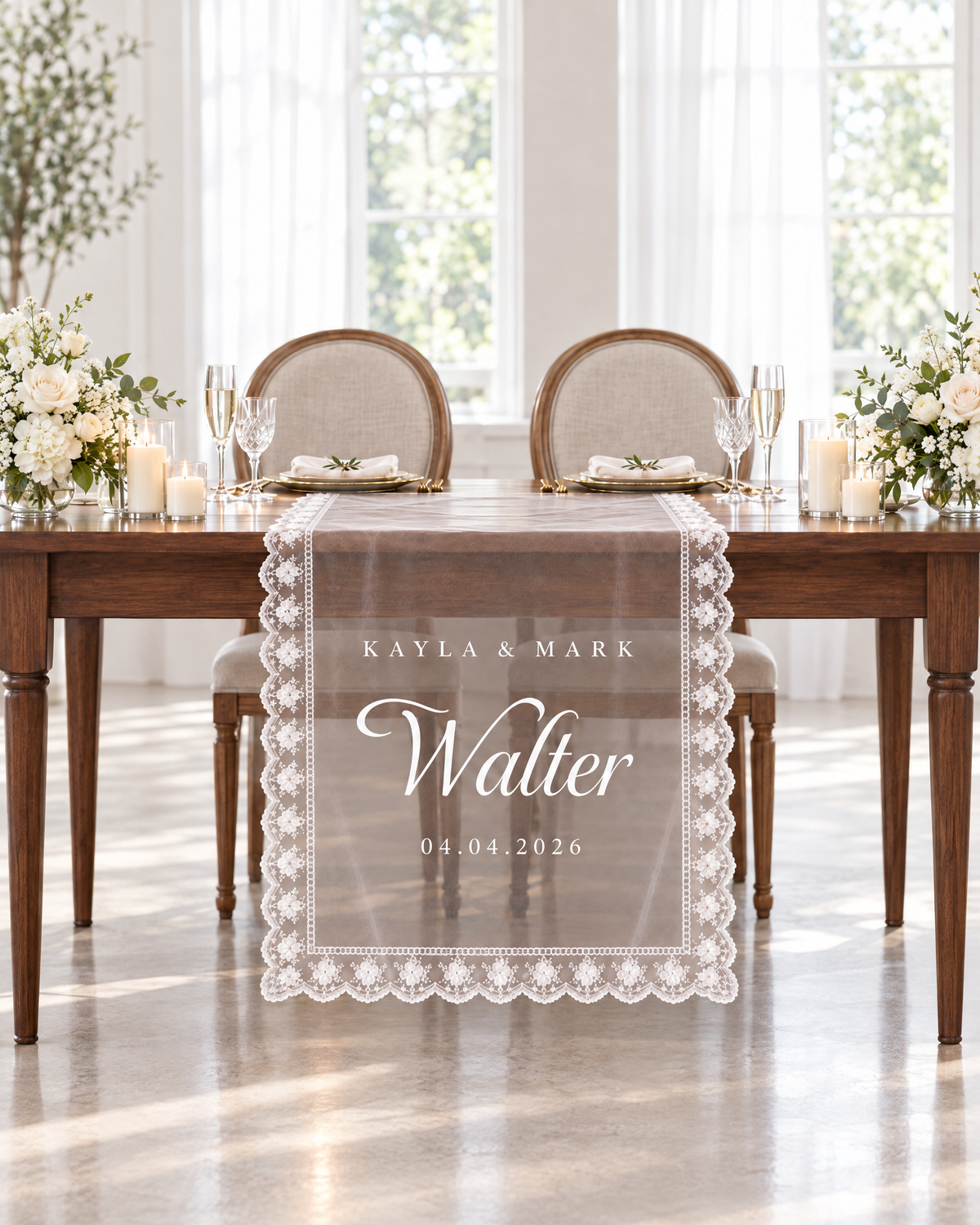 Sweetheart table sign in a bright modern wedding venue with natural daylight