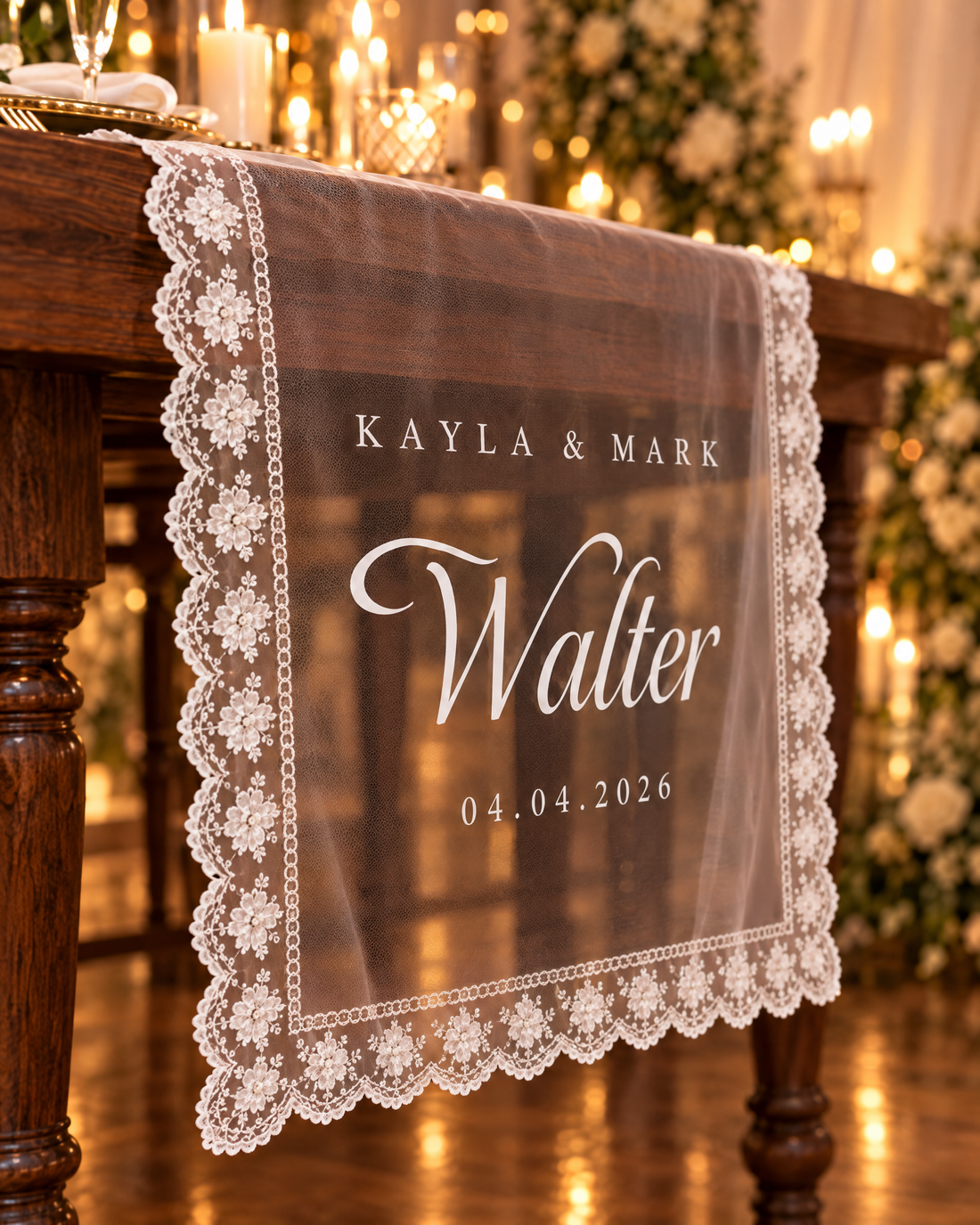 Close-up of the sheer tulle and lace trim with white personalized lettering