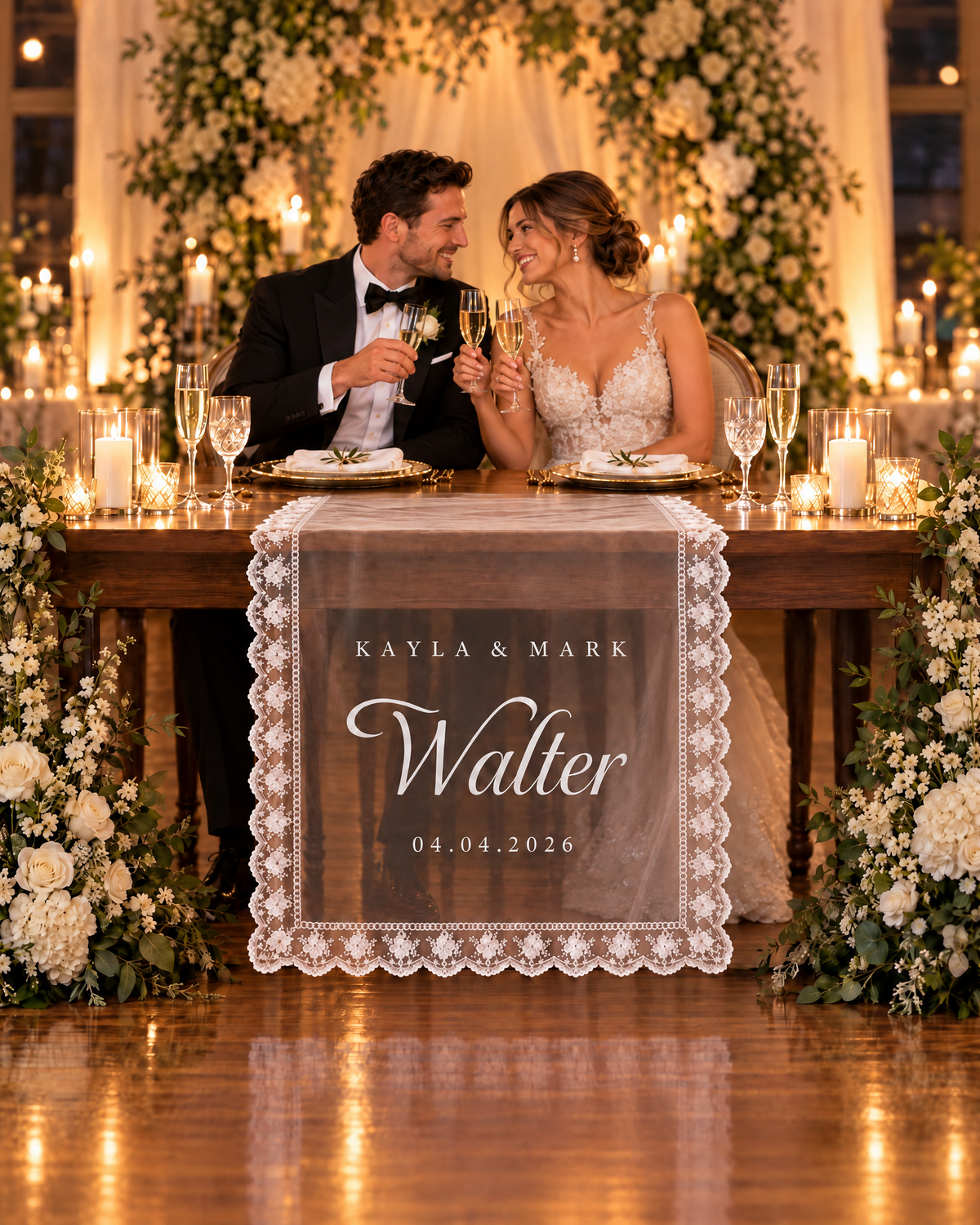 Bride and groom seated at their sweetheart table behind the personalized lace sign