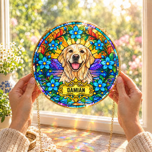 Hands holding the 10-inch pet portrait suncatcher