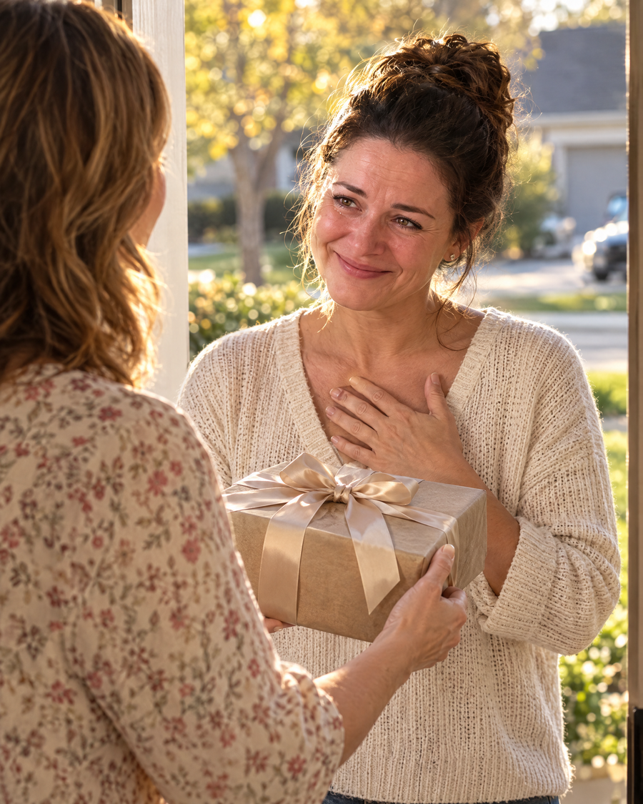 A friend handing a gift box at the front door