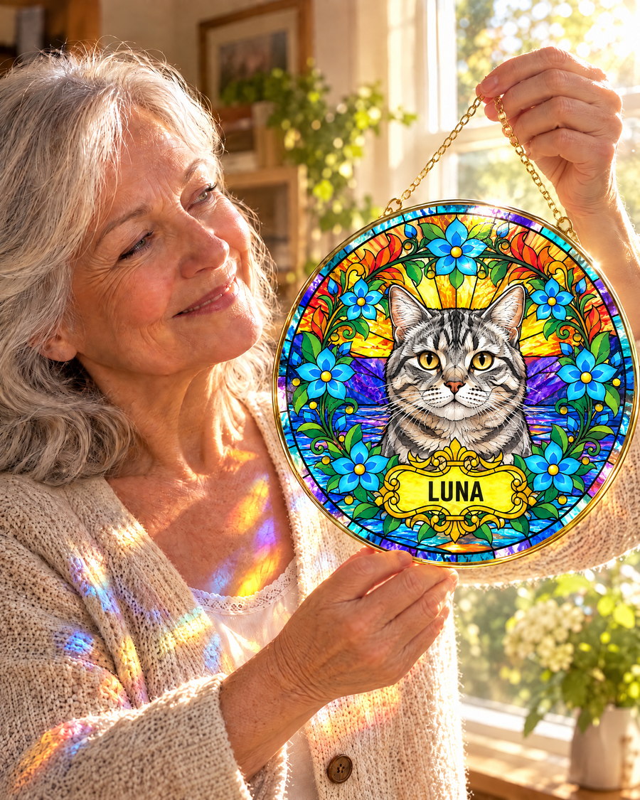 Woman holding a cat portrait suncatcher up to the window light