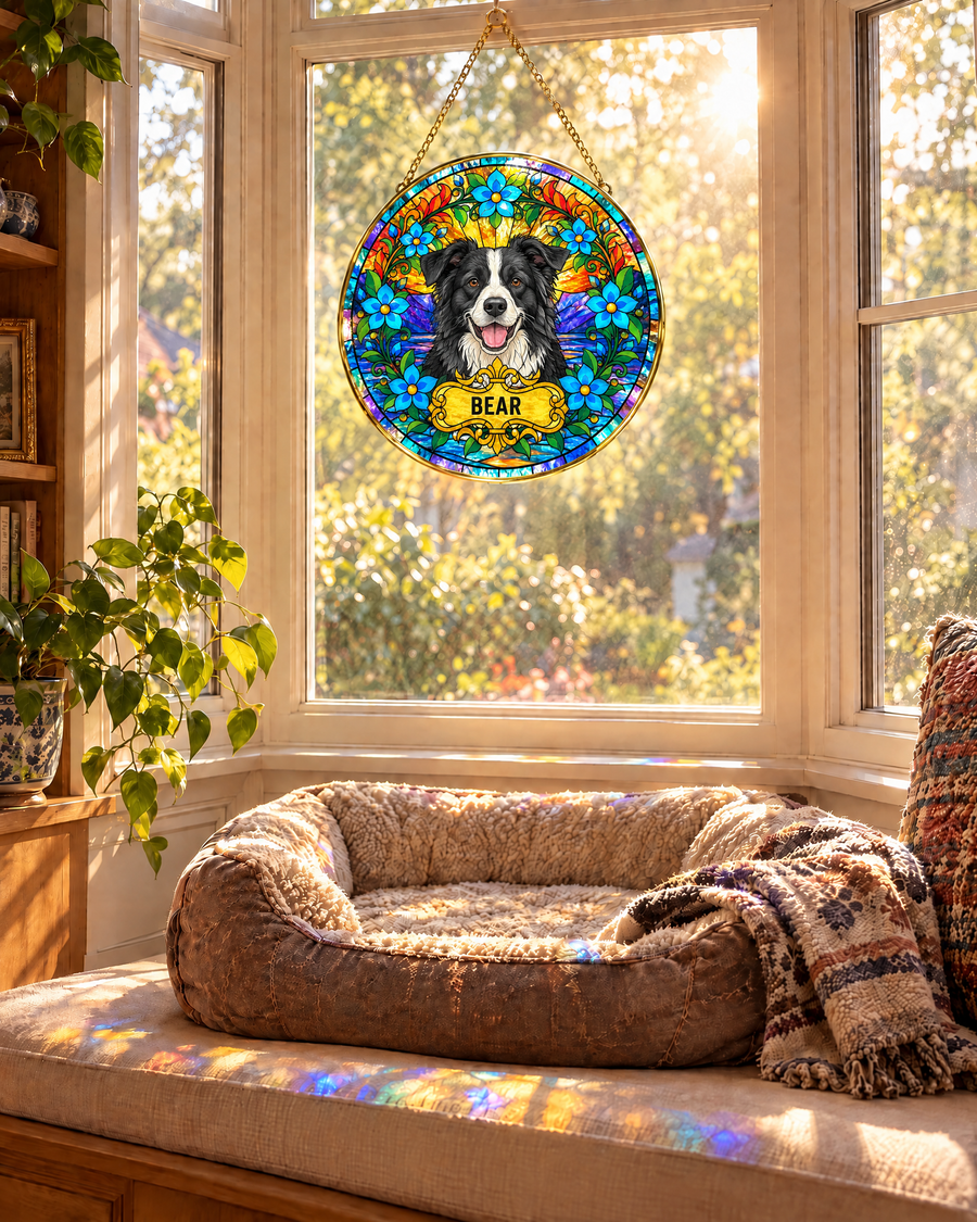 Border collie portrait suncatcher in a window above an empty dog bed
