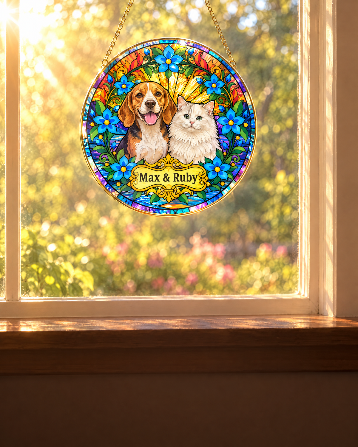 Suncatcher with a beagle and a white cat hanging in a sunlit window