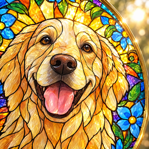 Close-up of the pet portrait suncatcher glowing in sunlight