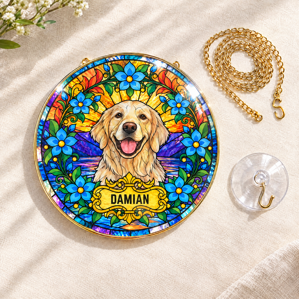Finished pet portrait suncatcher with gold chain and suction hook