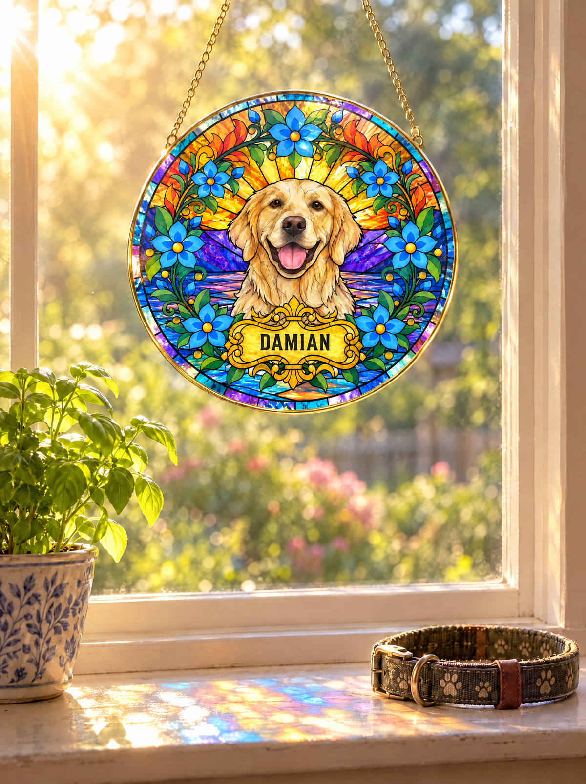 Pet portrait suncatcher glowing in a sunlit kitchen window