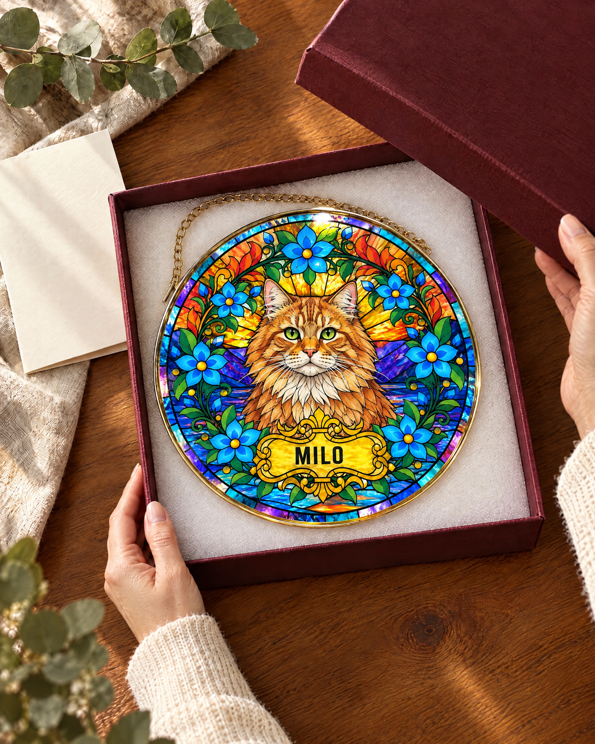 Cat portrait suncatcher in an open gift box