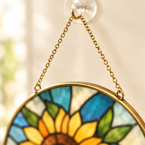 Gold metal rim and chain on the glass suncatcher